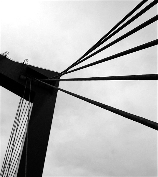 An aerial view of the view of the suspension bridge's steel architecture.