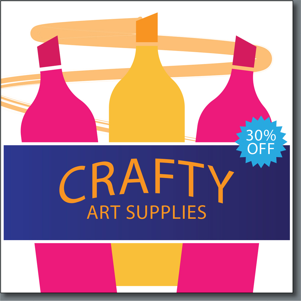 An illustration shows three markers placed in a row. A rectangle at the center has the text that reads, crafty art supplies. 30% off is written on the top-right side of the rectangle.