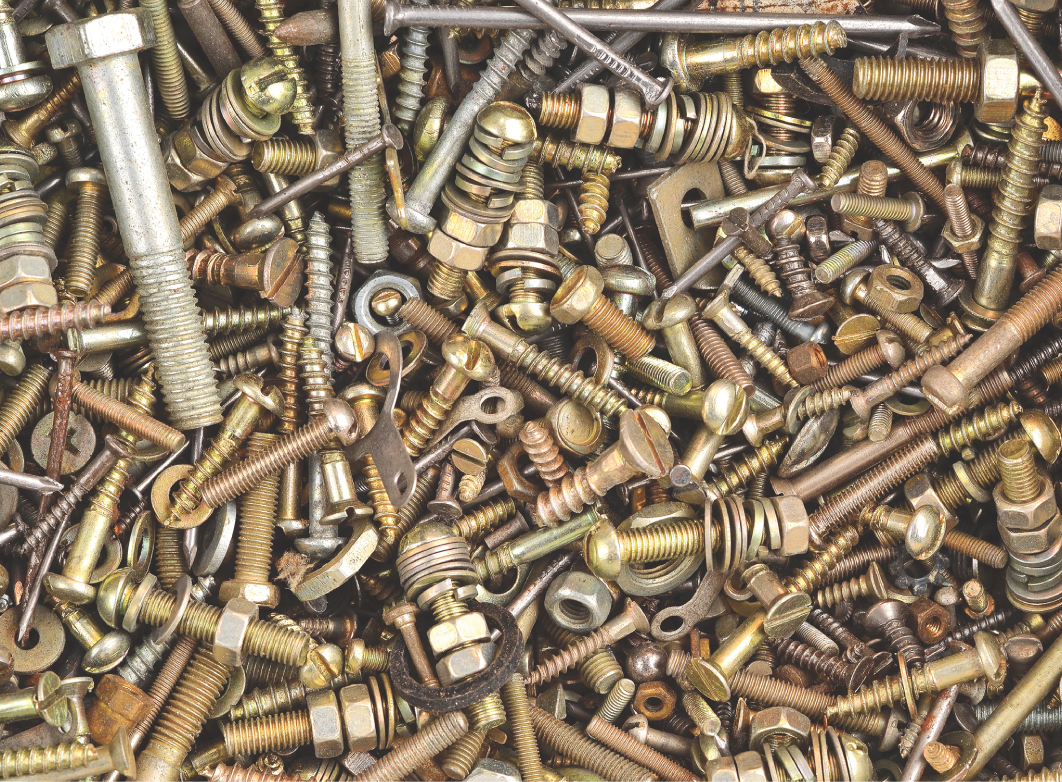 A photograph of several screws, bolts, nuts, and washers piled together.