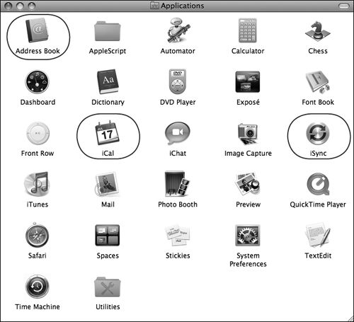 The Applications folder includes three applications for managing and synchronizing personal information.