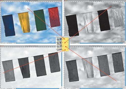 The different grayscale separations for the red, green, and blue information. Note how the colors are represented differently in grayscale.