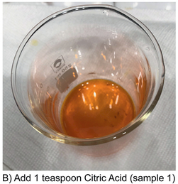 Figure (AB.1) Dichromate reduction with ascorbic acid A. Sample of 15% solution ammonium dichromate (more concentrated than carbon transfer mating or development waste). Cr(VI) compounds are yellow to orange. B. Sample 1—No effect adding 1 teaspoon citric acid (don’t use this!) C. Sample 2—Immediate reduction adding 1 teaspoon ascorbic acid without stirring D. Sample 2 after stirring. Complete reduction. Note the purple-brown on the walls of the beaker after stirring. Cr(III) compounds are green or brown/purple.