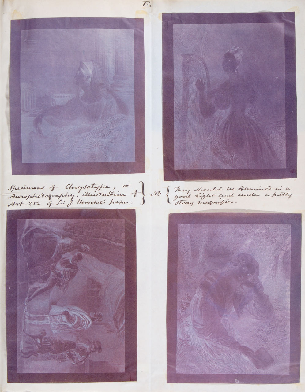 Figure 1.1 Specimens of Chrysotype or Aurophotography, 193 mm x 249 mm chrysotype prints from engravings, courtesy of the Library of the Royal Society, London. Sir John Herschel, 1842.