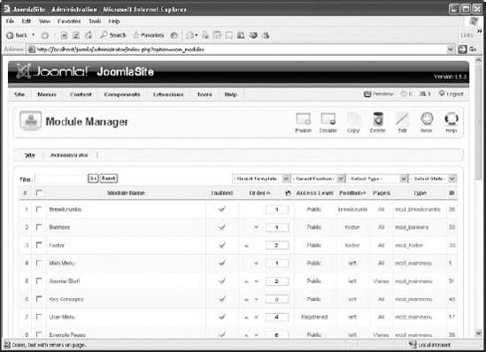 The default Joomla Module Manager.