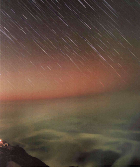 Pages 142-143: Against the back drop of pounding surf and a light mist on the ocean, I photographed star trails between Point Reyes Lighthouse. I think of this image as a port rait of "the edge of night." The star trails are shorter and less curved than you might expect for an exposure of this duration because I was facing south (rather than north). You can see the separation in the star trails between the ten-minute exposure and the stacked composite (the longer segments of each star trail). This kind of "gap" in the path of the individual stars is not approved of by star trail "purists," but I like the effect in this image. There's an explanation of stacking, oneof the techniques I used to make this image, starting on page 194.: 10.5mm digital fisheye, composite of foreground (10 minutes at f/2.8 and ISO 100) and sky (l3 stacked exposures, each exposure at 4 minutes, f/4, and ISO 100), tripod mounted, total exposure time 62 minutes