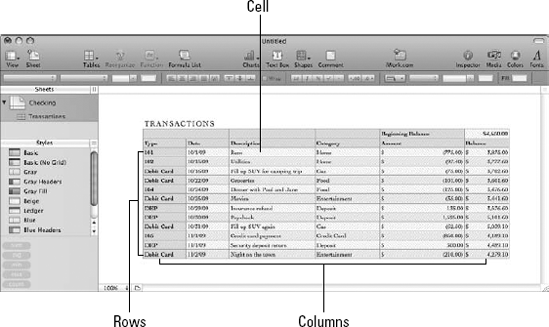 The parts of a Numbers spreadsheet.