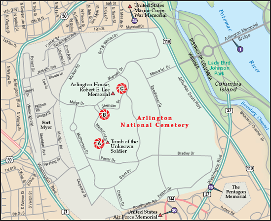 The best locations from which to photograph Arlington National Cemetery: (A) the Tomb of the Unknown Soldier, (B) Memorial Drive, and (C) the gravesite of Pierre L'Enfant. Nearby photo ops: (1) Arlington Memorial Bridge, (15) Pentagon Memorial, and (24) United States Marine Corps War Memorial.