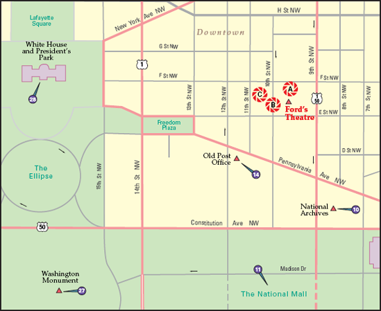 The best locations from which to photograph Ford's Theatre: (A) interior of Ford's Theatre, (B) exterior of Ford's Theatre on 10th St. NW, and (C) interior of Petersen House. Nearby photo ops: (10) National Archives, (11) National Mall, (14) Old Post Office, (27) Washington Monument, and (28) White House and President's Park.