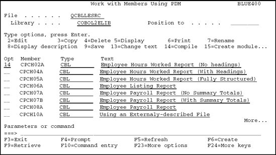 Using option 14 to compile an ILE COBOL/400 program.