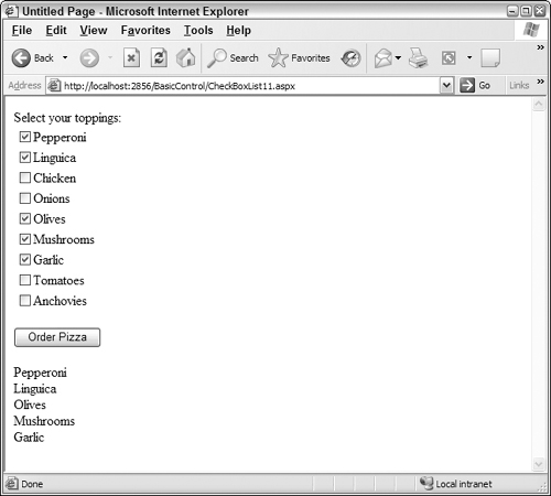 A page with a Check BoxList control.
