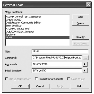 An External Tools dialog for NUnit