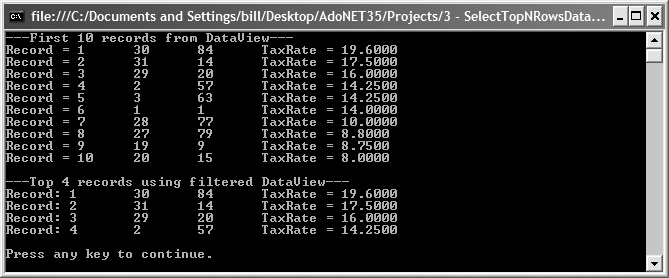 Output for SelectTopNRowsDataTable solution