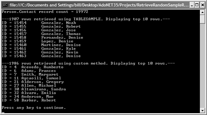 Output for RetrieveRandomSampleRecords solution