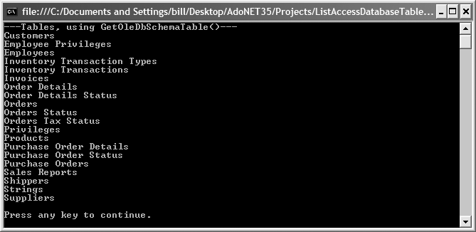 Output for ListAccessDatabaseTables solution