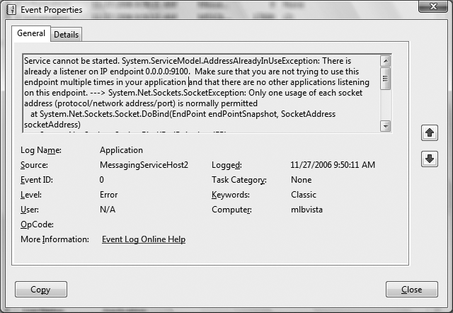 Event log results after opening the ServiceHost during OnStart( ) fails