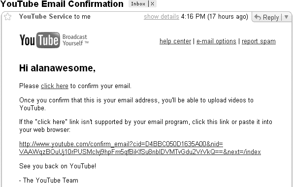 Your email from YouTube should look similar to this message.
