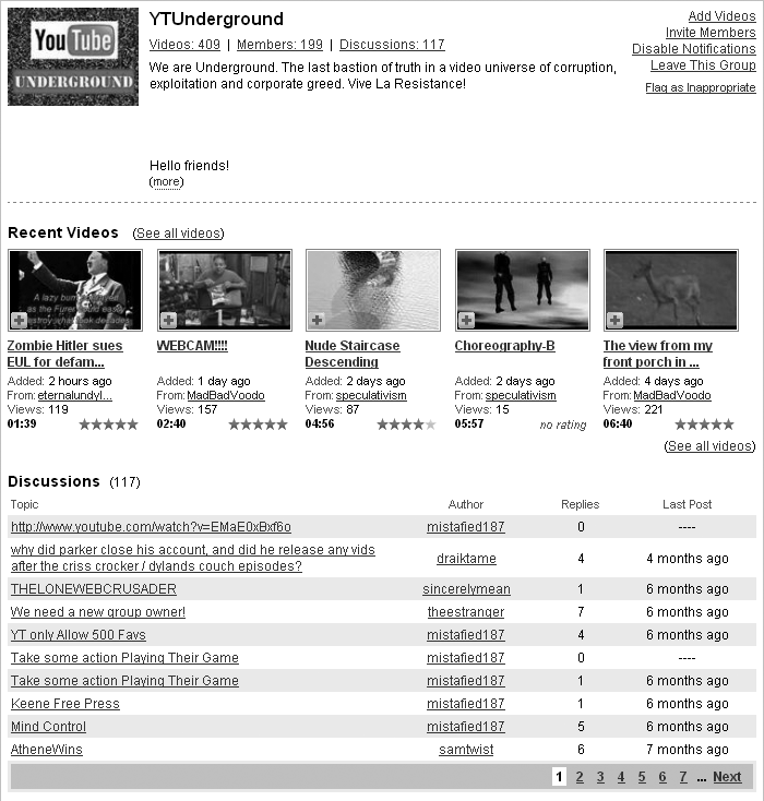 A typical YouTube group page with stats of members, videos, and discussions at the top and discussion threads at the bottom.