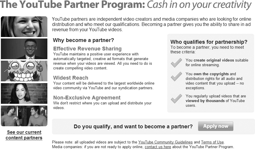 YouTube Partner Program portal page.