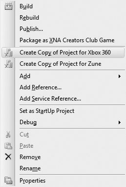 Create Copy of Project for Xbox 360 menu item