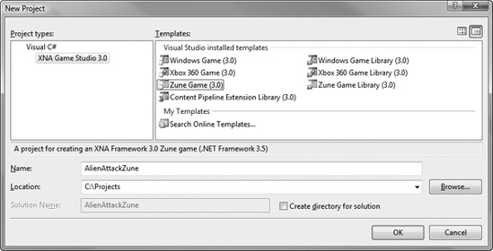 Create new Zune game project