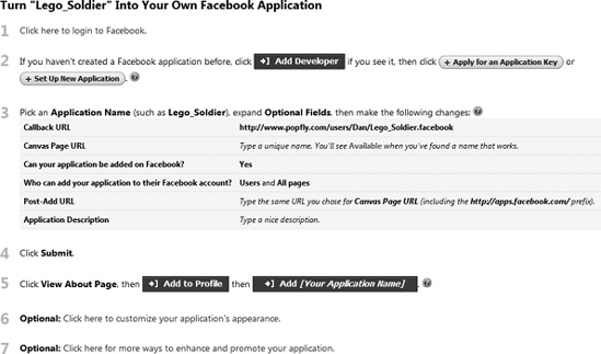 Popfly includes step-by-step instructions for publishing to Facebook