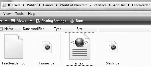 The four files that make up the Feed Reader addon