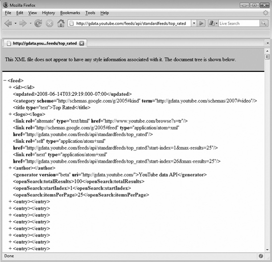 The raw XML from YouTube's API