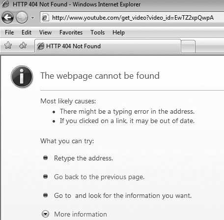 YouTube will return a 404 error in Internet Explorer unless you provide a session token