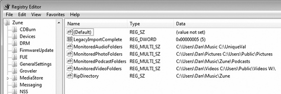 Zune monitored folders are stored in the registry