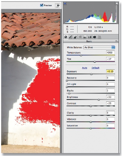 The area highlighted in red indicates highlight clipping. The image has no detail in that area. You can restore detail by moving the Exposure slider to the left, or the Recovery slider to the right.