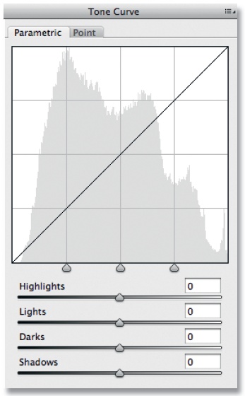 The Tone Curve tab displaying the sliders in the Parametric sub-tab