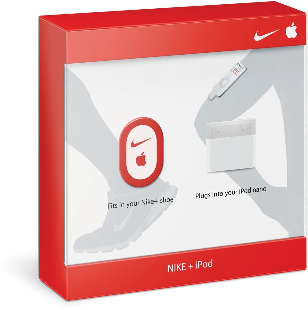 The Nike+iPod Sports Kit consists of an accelerometer that is attached to or embedded in a shoe, which communicates to an iPod Nano. Users can track in real time their calories burned, distance, or time while running. Courtesy Apple.