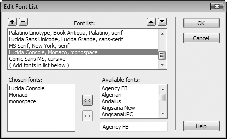 Not only can you create your own font lists, but you can also edit, remove, or reorder the current lists in this dialog box. When you click a list in the “Font list” menu, the “first choice, second choice, third choice” fonts appear in the lower-left corner. To remove a font from that list, click the font name, and then click the >> button. To add a font to the list, select a font in the “Available fonts” menu, and then click the << button. Finally, to reorder the font lists as they appear in the Property inspector, the CSS Rule Definition window’s Font menu, or the Format → Font menu, click the arrow keys near the upper-right corner of the dialog box.