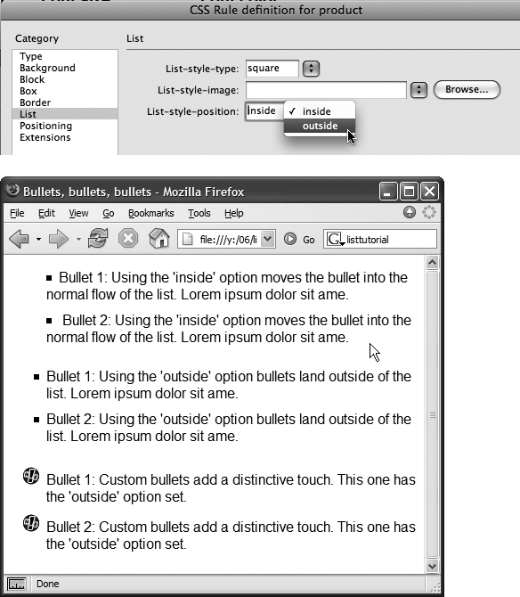 Top: Take control of your bulleted and numbered lists using the CSS Rule Definition window’s List category. With Cascading Style Sheets, you can even supply your own graphic bullets.Bottom: A bullet-crazed Web page, for illustration purposes. Parading down the screen, you can see “inside” bullets, “outside” bullets, and bullets made from graphics.