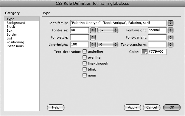 The CSS Rule Definition window provides access to many more CSS properties than the Property inspector. In addition, you have to use the Font-weight menu to remove bold formatting from a heading tag—no matter how many times you click the B button on the Property inspector, you can’t remove bold from headlines.