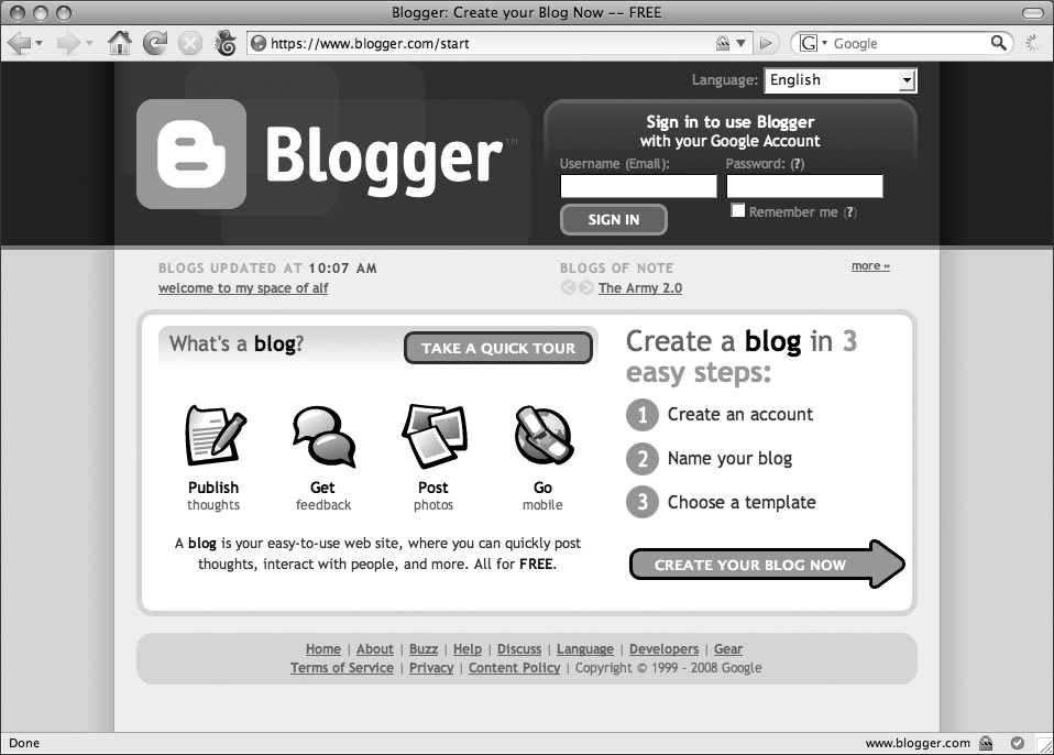 Blogger’s home page with an excellent call to action