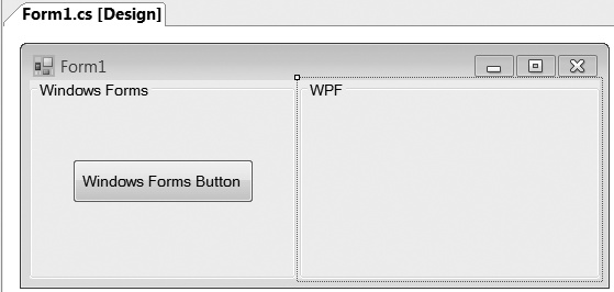 A Windows Forms form with space for a WPF button