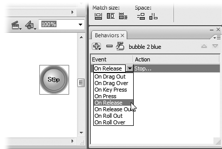 The easiest way to add a behavior is to select a frame or object (such as the Stop button shown here) and then select Window → Behaviors. In the Behaviors panel, click the big + button to add a behavior to the selected object. For example, this Stop button can stop a video from playing. Point to Embedded Video on the drop-down menu, and then choose Stop from the next menu. To finish up, choose the event that triggers the behavior, such as "On Release" (in other words, the end of the mouse-click).