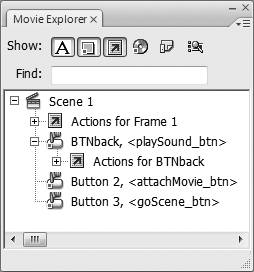 The Movie Explorer panel lets you view the overall structure of your animation; it also gives you a way to find and edit specific elements quickly and easily. To find a specific element, use the Show icons or type the name of the element you're trying to find in the Find box. Right-clicking an element pops up a menu you can use to edit that element.