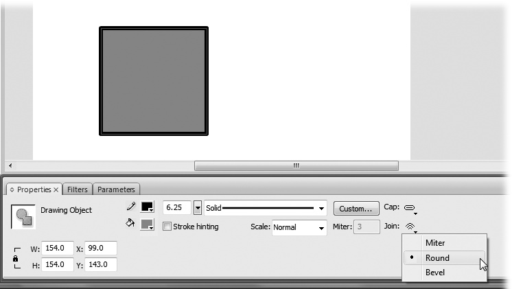 The Properties panel (Property Inspector) shows only those properties associated with the object you've selected on the Stage. Here, because a square is selected, the Property Inspector gives you options you can use to change the thickness and color of the square's outline, to tell Flash what kind of corners you want your square to have (round, pointy, or blunted), and more square-related characteristics.