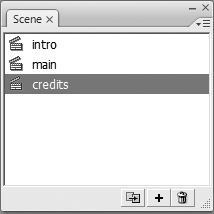 Using the Scene panel, you can add a scene to your animation (either a duplicate of an existing scene, or a fresh, blank scene) or delete an existing scene. Just click the name of a scene and click Duplicate, Add, or Delete, respectively. To rename a scene, first double-click the name of the scene. Then, when you see an outline appear around the current name, click inside and type the new name.