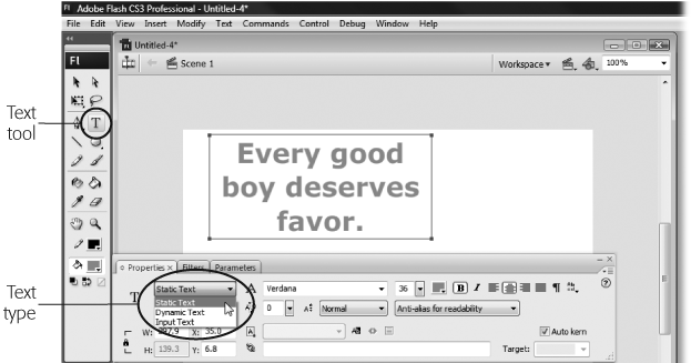 After you select the Text tool, click anywhere on the Stage and drag to create a text box. Then, inside the newly created text box, type the text you want to add to your drawing. (If you want to make the text box bigger or smaller, just drag one of the corners.) The Property Inspector lets you change any of the properties associated with the text: font size, style, color, and so on.