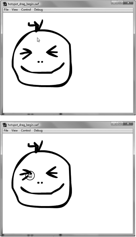 Top: Smiley as he first appears, before you move your mouse over his left squinched-up eye.Bottom: Because Smiley's left eye is a button symbol, mousing over it tells Flash to turn your arrow cursor into a pointing finger. Clicking Smiley's left eye lets you drag Smiley around the test window. He stays where you drop him (until you click his left eye and drag him again).