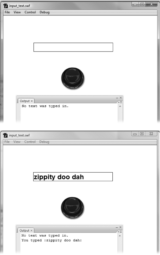 Top: Working as designed: Clicking the button without having typed in any text shows this result.Bottom: Surrounding input values with colons, as shown here, is an old programmer's trick. As far as programming languages go, a space is a value; using colons reminds you of this counterintuitive fact.