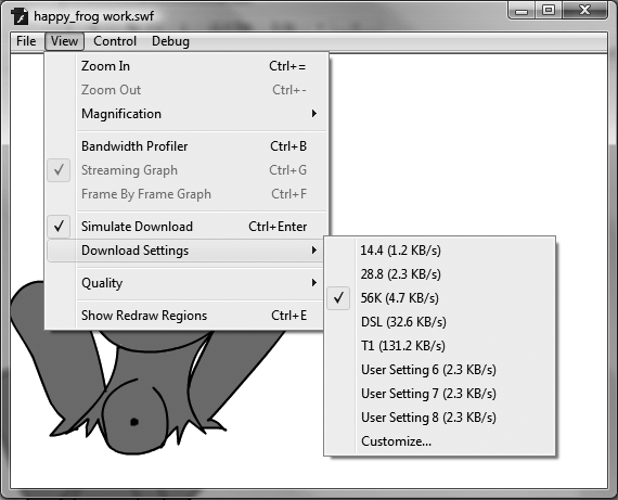 If you're used to testing your animation inside the Flash development environment, you'll be shocked when you see how long it takes to download and play your animation over the Web. Flash automatically adjusts for standard line congestion to give you a more realistic picture. So, for example, when you choose the 14.4 kbps setting, Flash actually simulates the transfer at the slightly lower rate of 12.0 kbps.