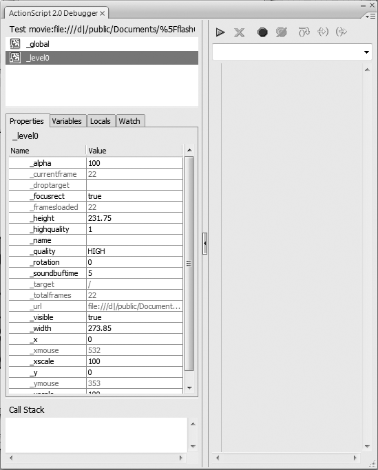 The Debugger shows you what Flash is thinking behind the scenes. This panel shows the instance names, property values, variable names and values, and other ActionScript keywords and statements that either you (or Flash) added to your animation.