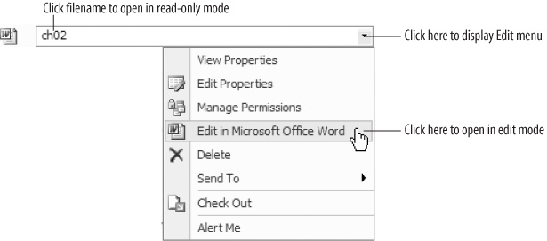 Using the SharePoint Edit menu to open documents