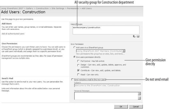 Adding an AD security group to the Construction site