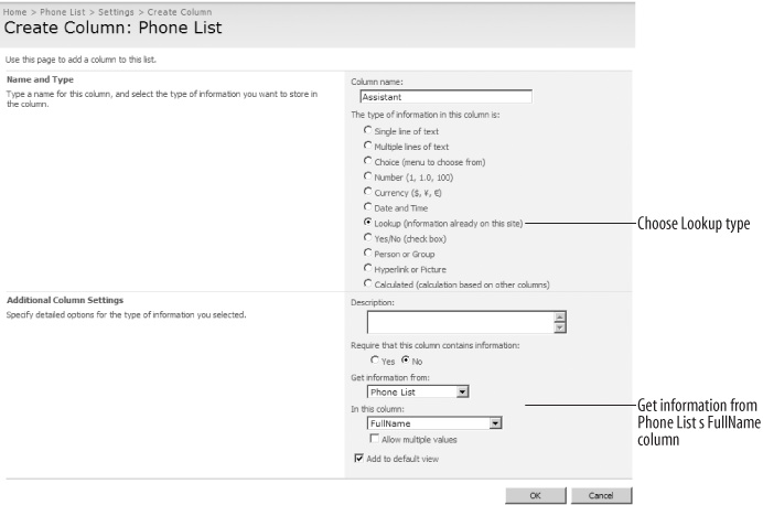 Creating a new Assistant column as a Lookup type