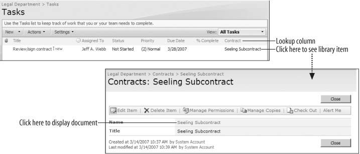 Using Lookup columns to drill down to a contract from a task list to a document